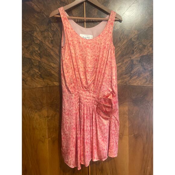 Vintage RUE Du MAIL Pink Satin Printed Drop Waist Dress FEMININE Silk Size 38 S - Picture 2 of 10